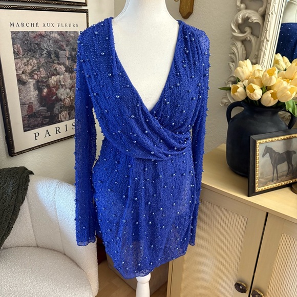 OH POLLY Chelsea Embellished Wrap Over A-Line Mini Dress in Dark Blue Size 8 NWT - Picture 4 of 11